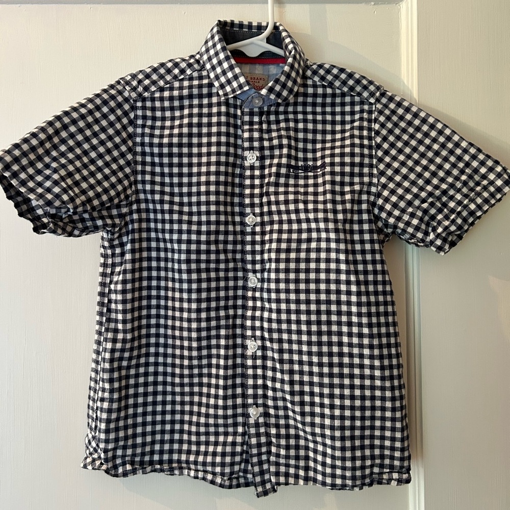 Black and white gingham, short sleeved button down.